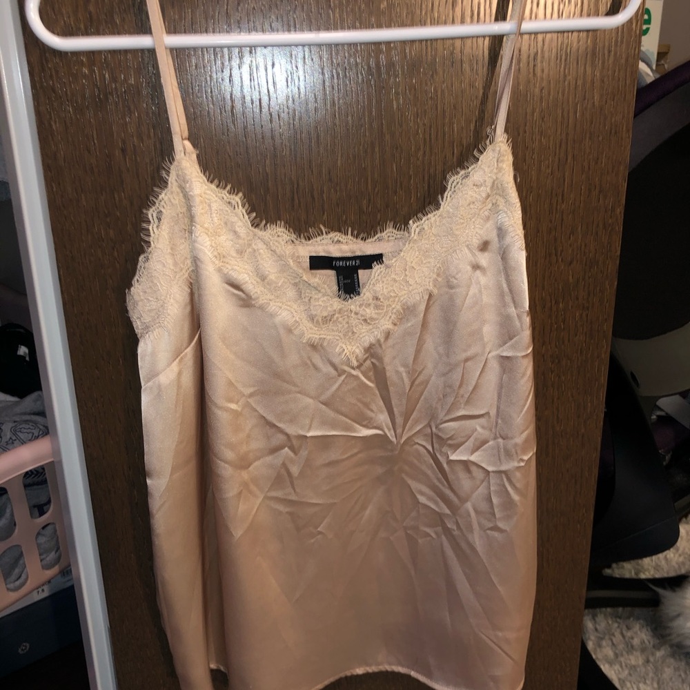 Light gold/ cream satin tank top with lace detail
